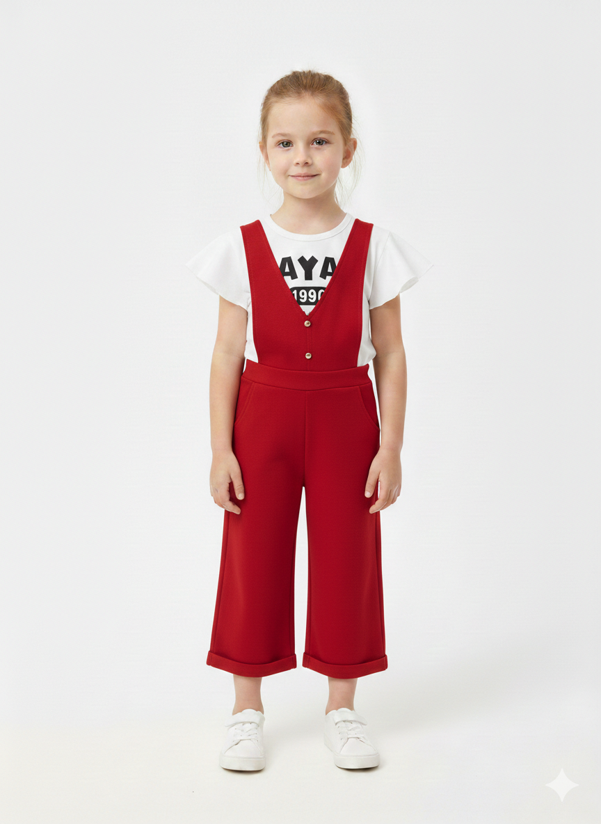 Girls' Stylish V-Neck Jumpsuit Overalls with Ruffle Sleeve Tee – Three Vibrant Color Options