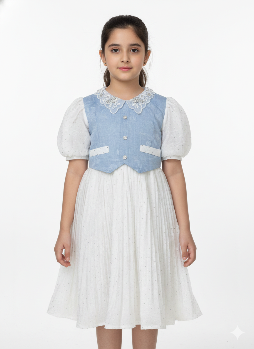 Girls' Elegant Pleated Party Dress with Floral Lace Collar and Tailored Denim-Style Vest