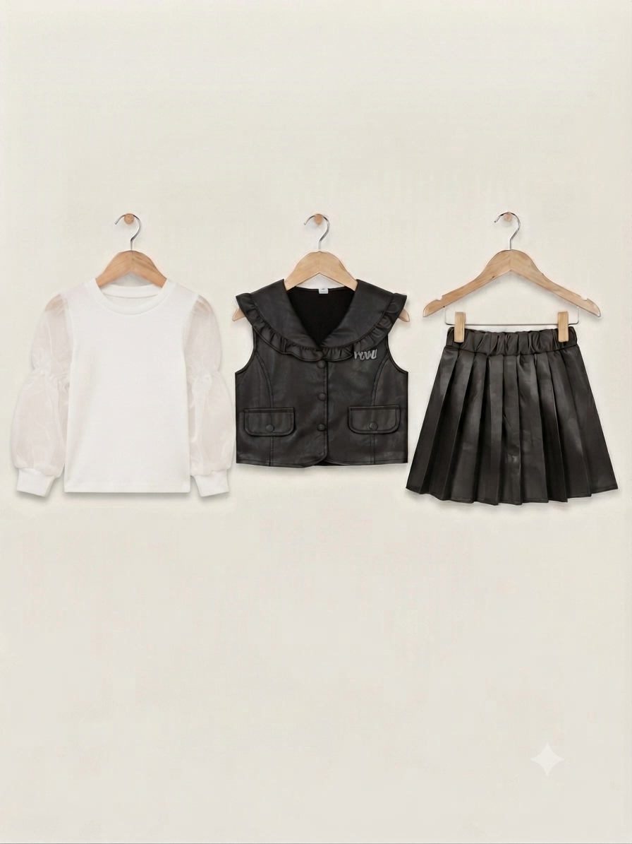 Girls Stylish 3 Piece Outfit Set Puff Sleeve Top Vest And Pleated Skirt
