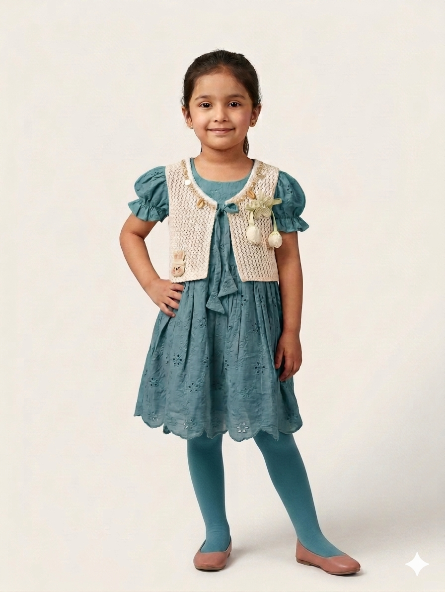 Elegant Girls' Eyelet Cotton Dress with Crocheted Vest and Matching Tights - Two Color Options