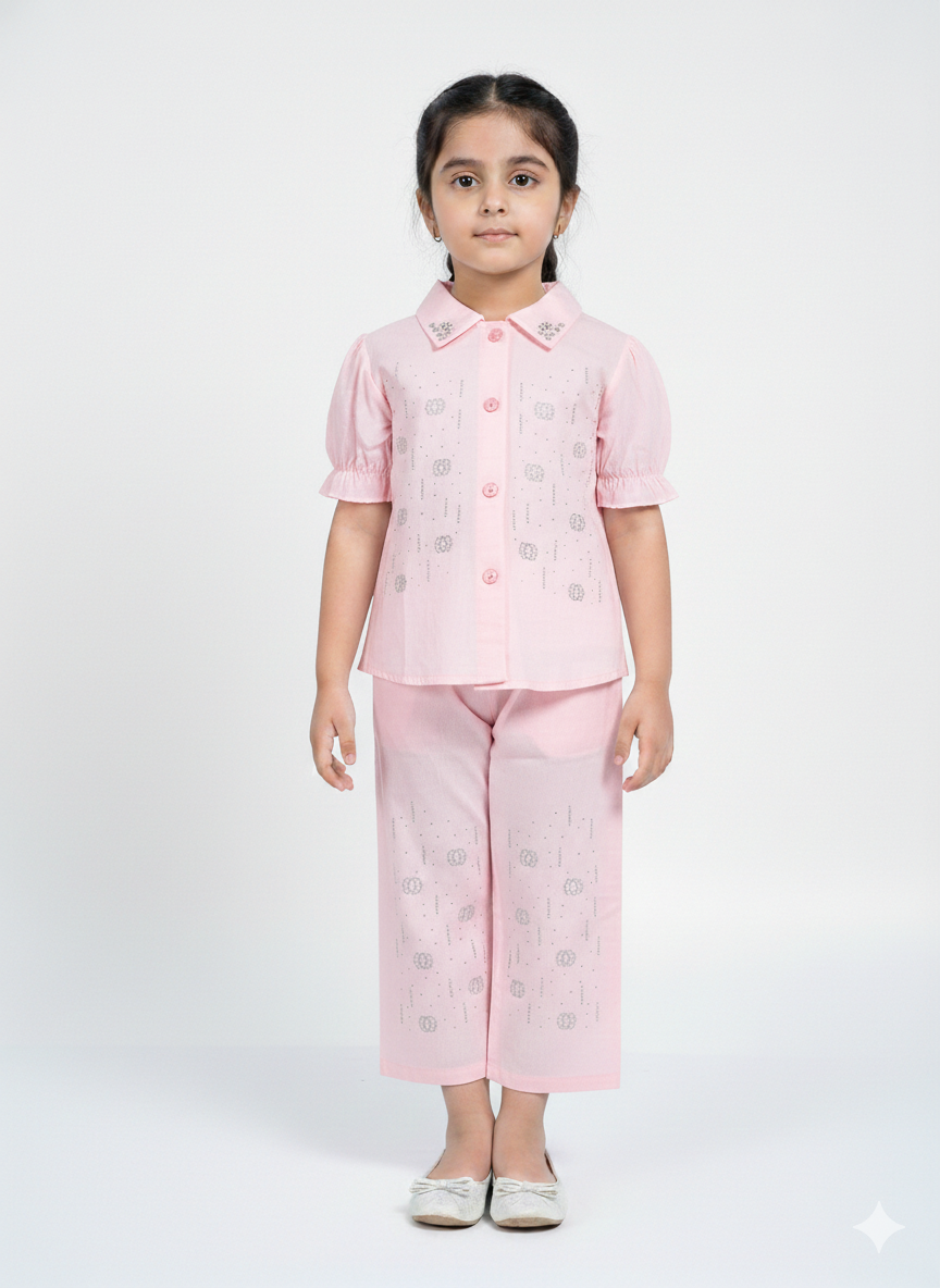 Elegant Girls Pastel Co-ord Set With Sparkling Embroidery And Trendy Puff Sleeve Design