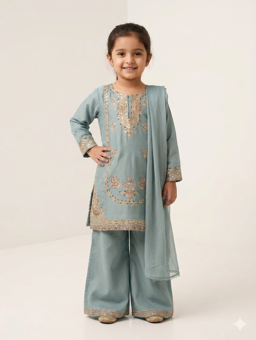 Elegant Kids 3-Piece Embroidered Festive Suit - Kurta, Palazzo, and Dupatta Set