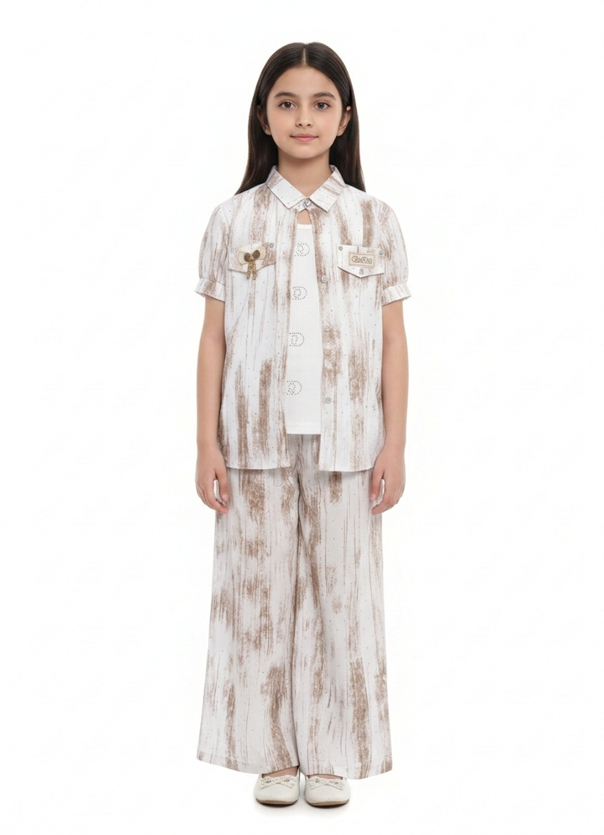 Trendy Girls' Abstract Print 2-Piece Co-ord Set with Short Sleeve Shirt and Wide-Leg Pants