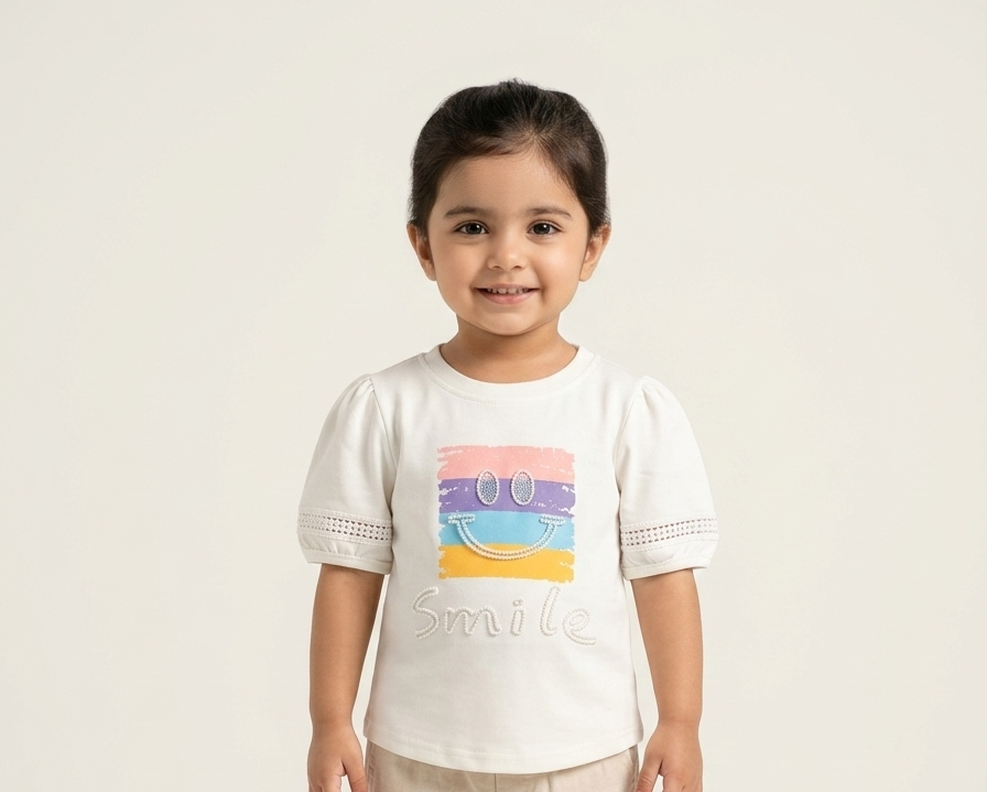 Little Girls' Smile Graphic Puff Sleeve Cotton T-Shirt in Pastel Lime and Soft White