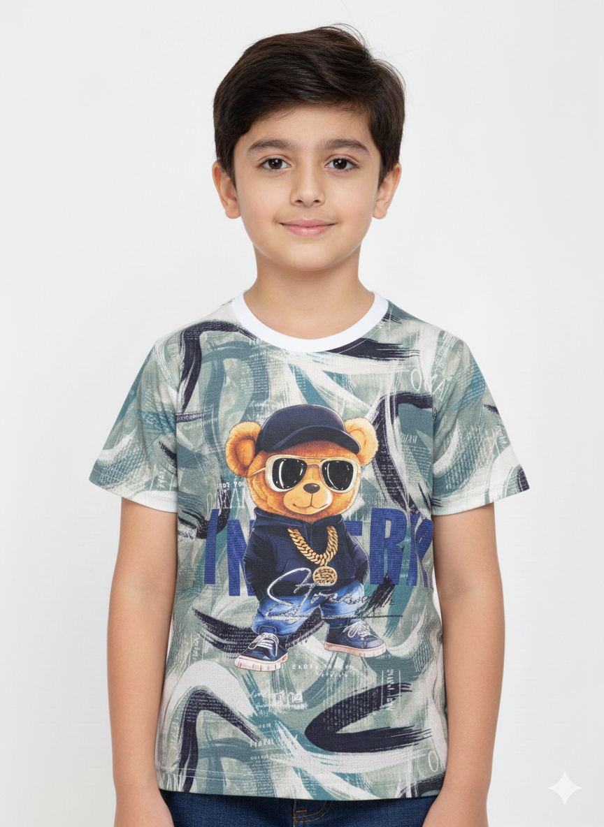 Boys' Urban Hip-Hop Teddy Bear Graphic Tee with Streetwear Print and Comfortable Crew Neck