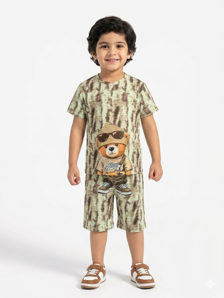 Trendy Tie-Dye Teddy Bear Print T-Shirt and Shorts Summer Outfit for Stylish Boys