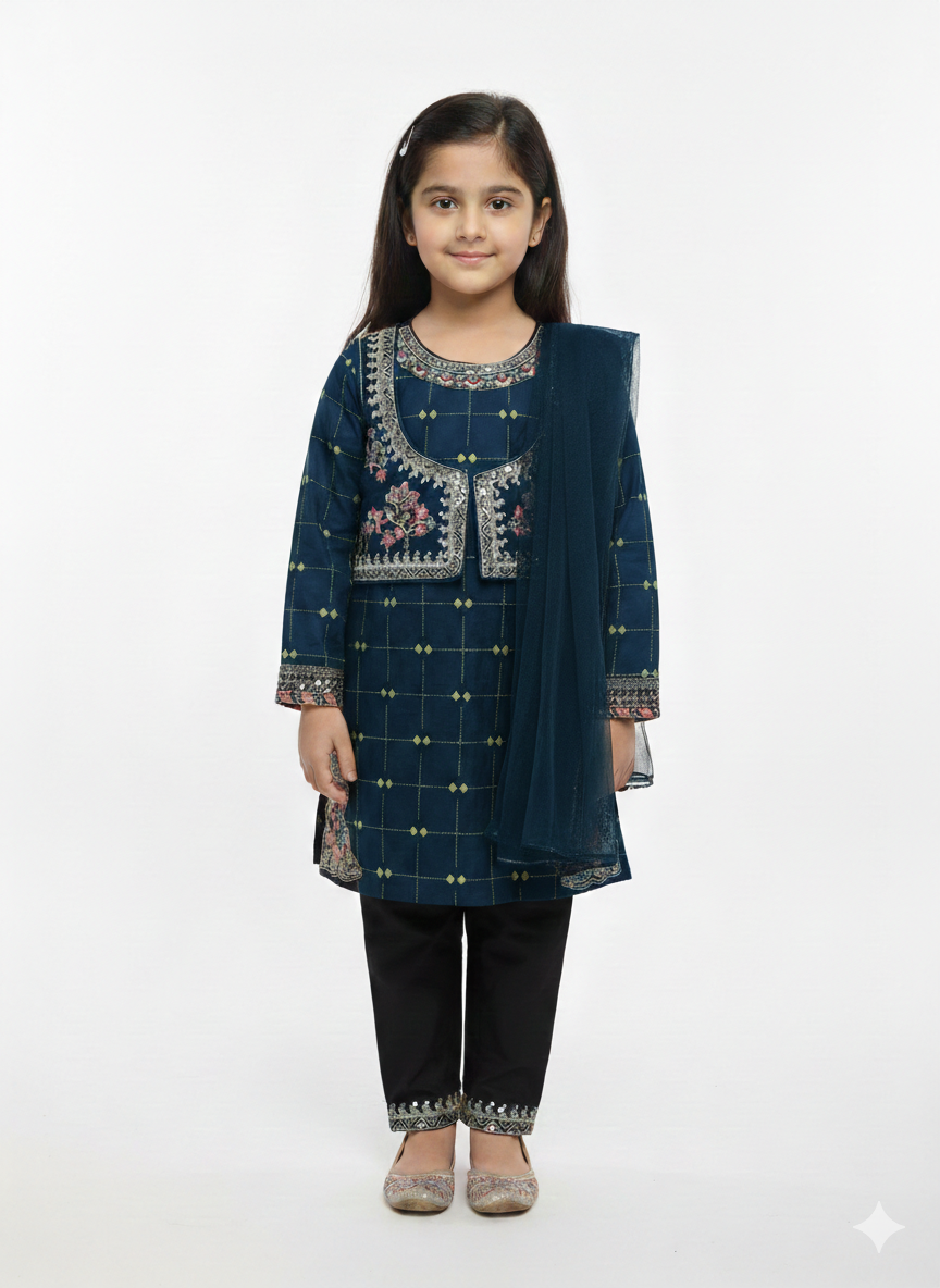Girls' Embroidered 3-Piece Festive Eastern Suit with Koti Jacket and Net Dupatta