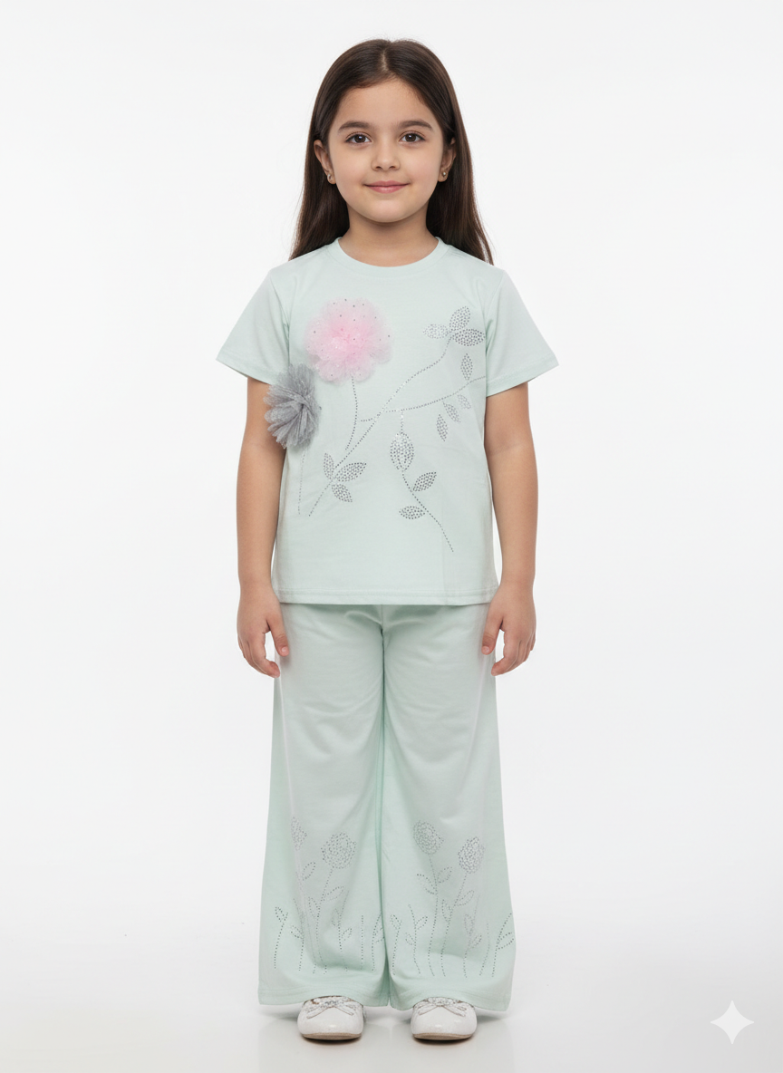 Girls Elegant Floral Applique T-Shirt and Wide Leg Pant Set - Stylish Two-Piece Summer Outfit