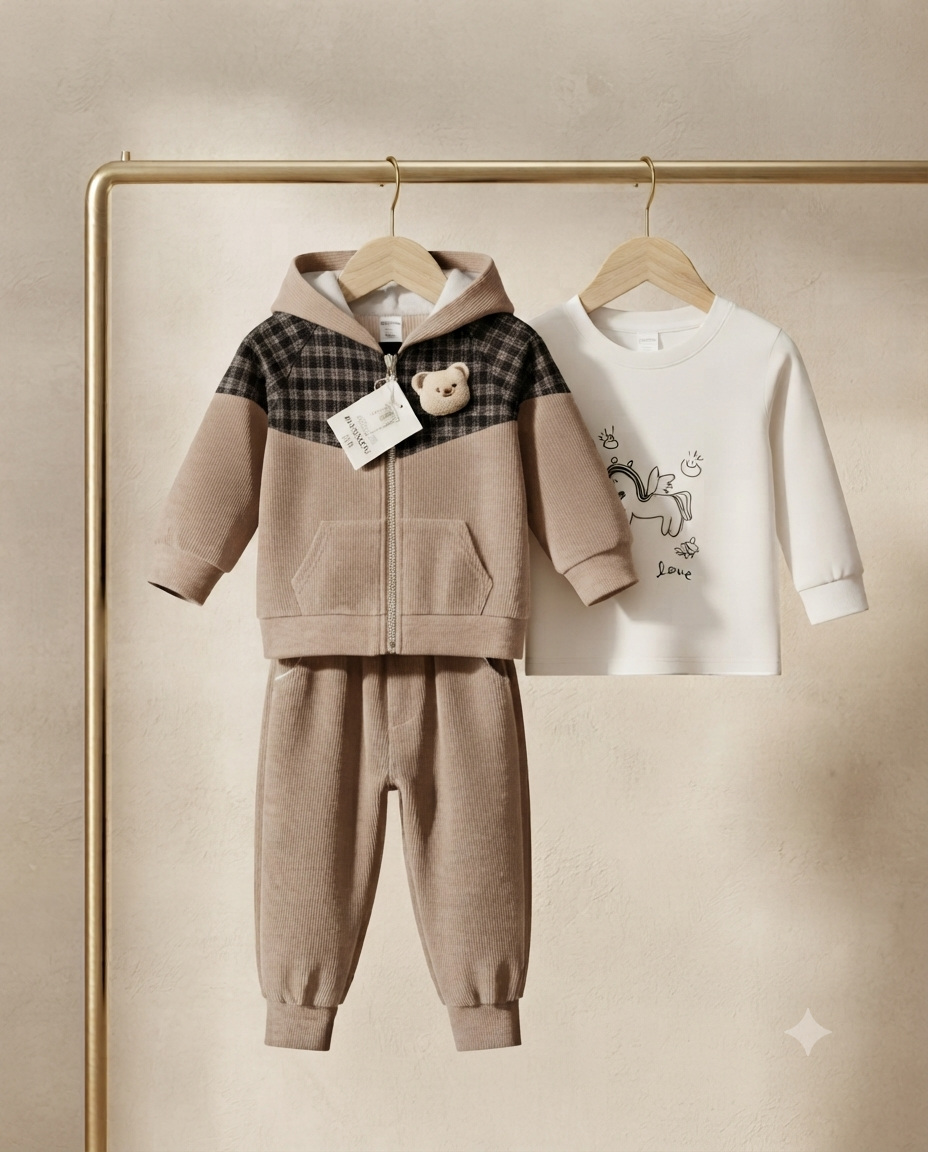 Kids Stylish 3-Piece Outfit Set: Hooded Zip Jacket, Matching Trousers, And Graphic Long-Sleeve Top