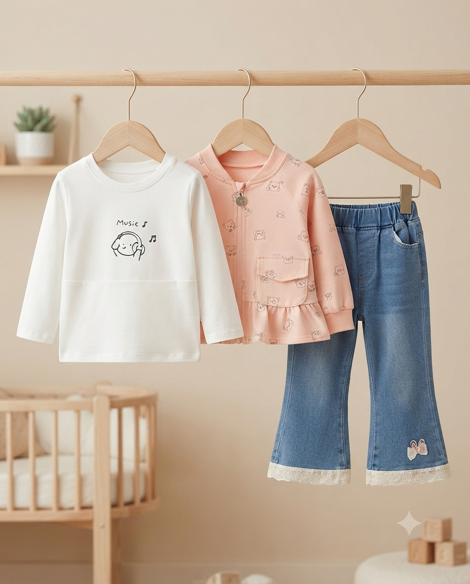 Girls Cute 3-Piece Outfit Set Printed Long Sleeve T-Shirt Zipper Jacket Denim Trousers