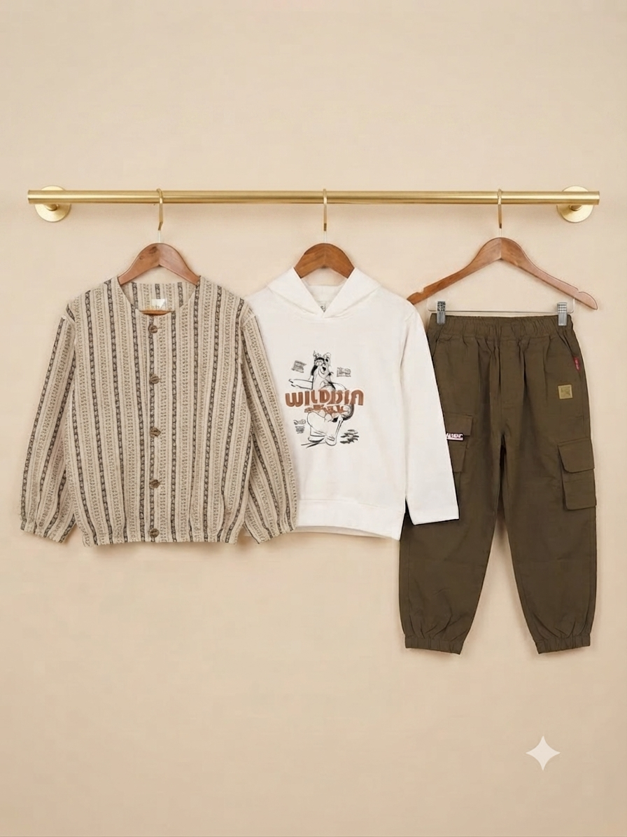 Stylish Printed Button-Down Shirt, Comfortable White Graphic Hoodie, And Casual Cargo Trouser Set