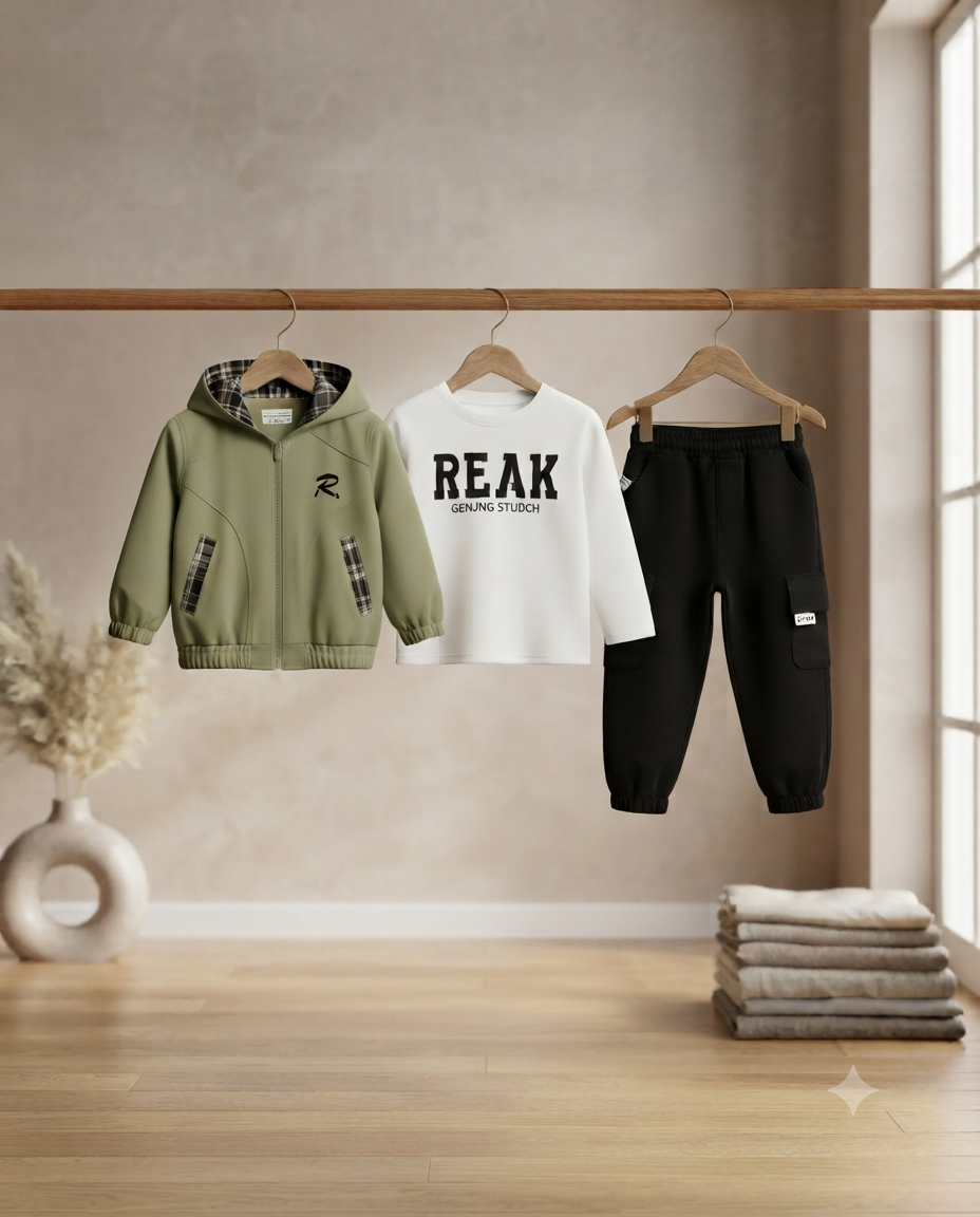 Stylish Boys Three-Piece Clothing Set Featuring Hooded Jacket Long Sleeve Tee And Cargo Pants