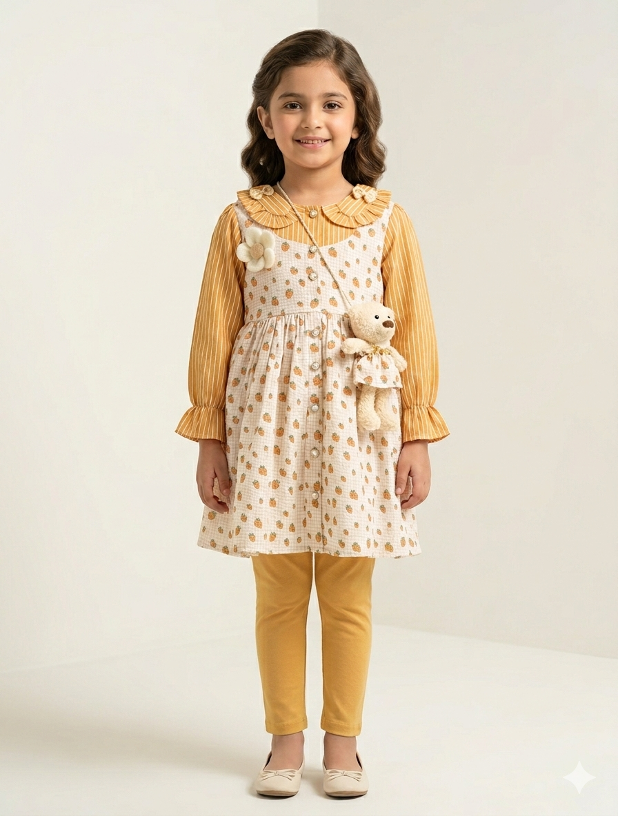Sweet Autumn Harvest Fruit Print Dress Set with Plush Crossbody Bag and Matching Leggings