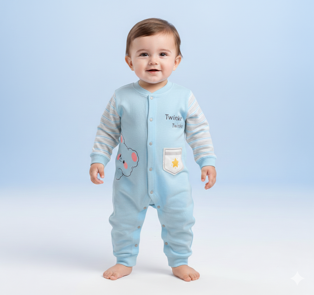 Baby Boys Soft Cotton One Piece Twinkle Bear Romper Striped Sleeves Comfortable Sleep Suit