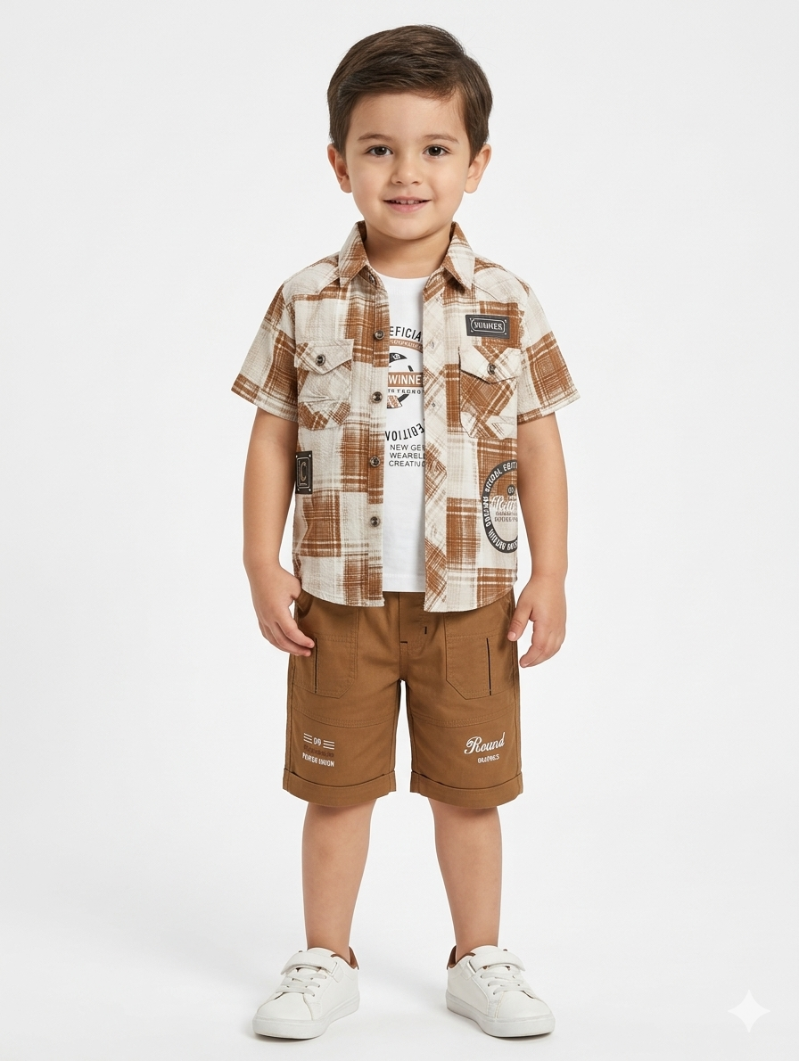 Boys’ Casual Three-Piece Plaid Shirt, Graphic Tee, and Chino Shorts Set in Earthy Tones
