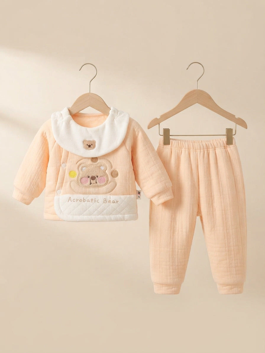 Acrobatic Bear Winter Quilted Cotton Shirt And Trouser Set For Baby Boys And Girls