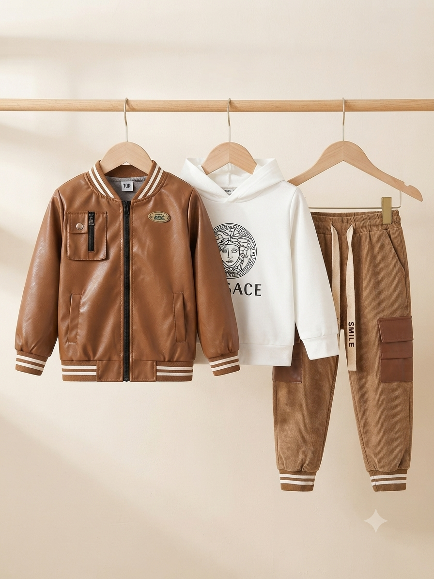 Stylish Kids Leather Jacket Hoodie And Cargo Pants Outfit Set