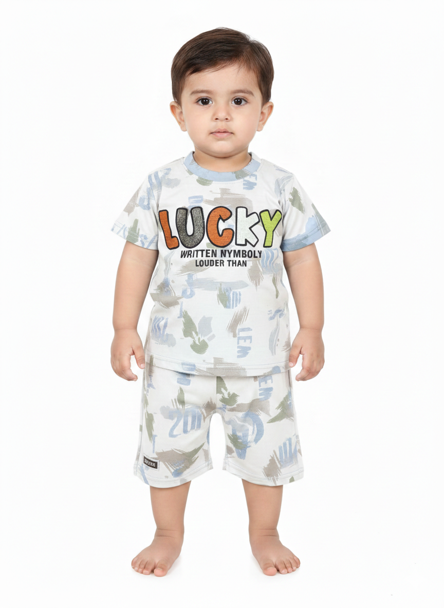 Boys' "Lucky" Abstract Print Cotton Tee and Shorts Two-Piece Summer Activewear Outfit Set
