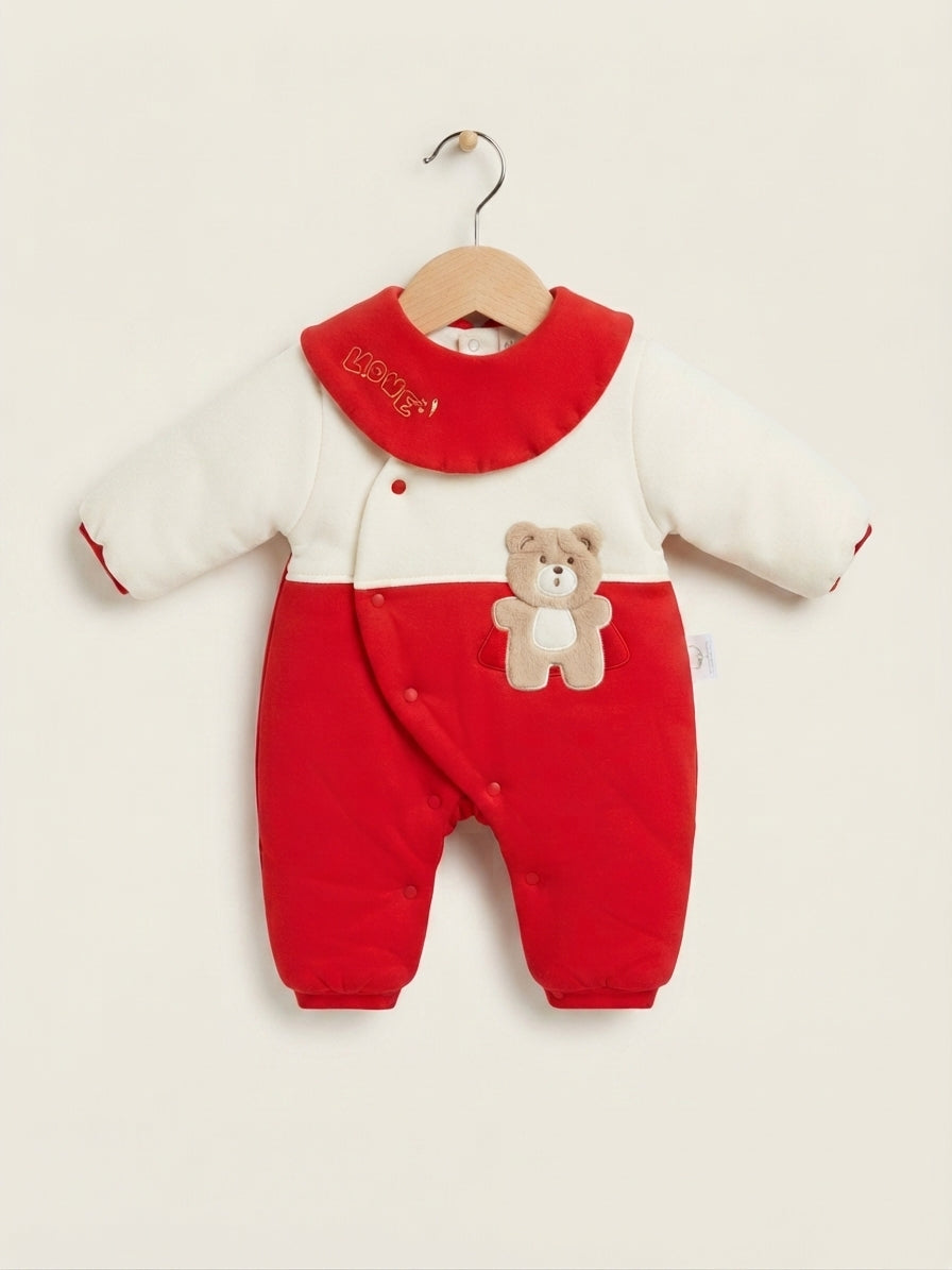 Cute Baby Winter Romper Fleece Thick Warm Infant Sleepsuit With Adorable Bear Applique Design