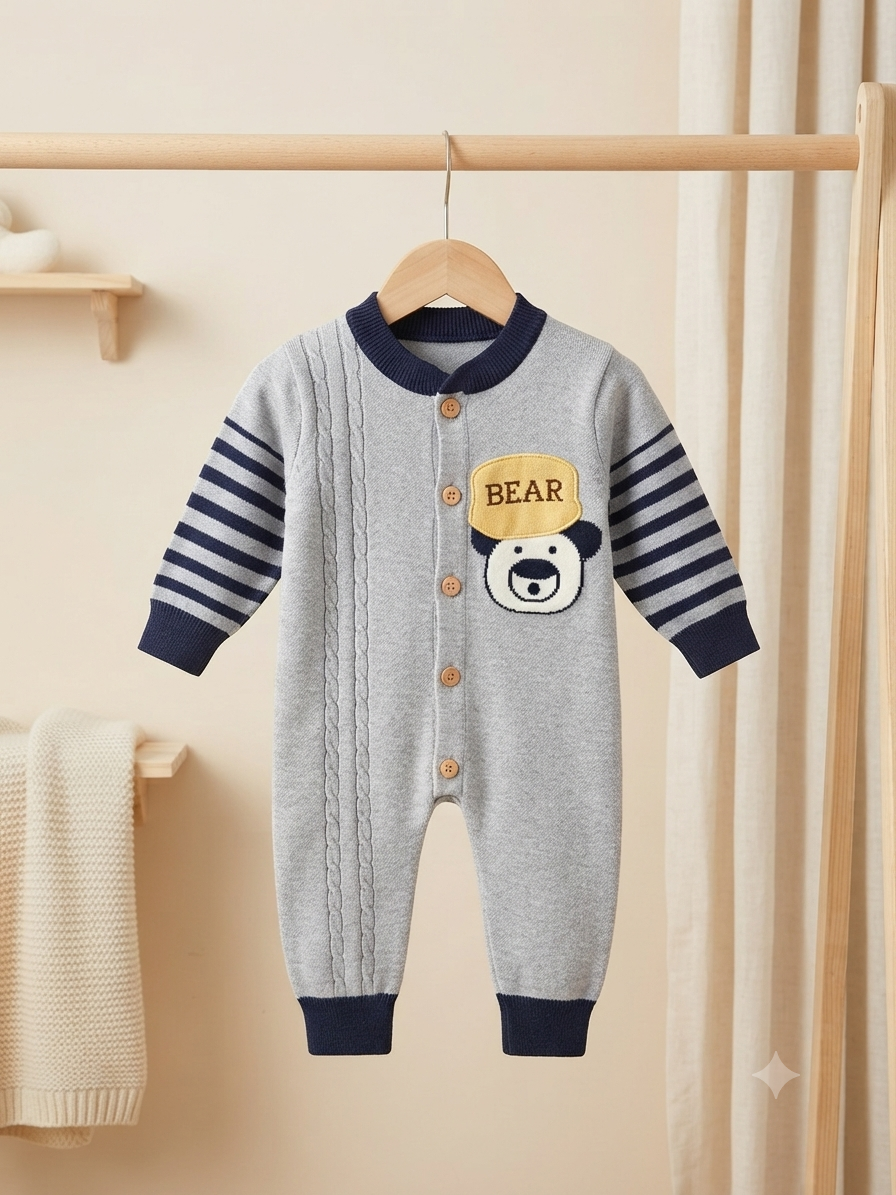 Cute Baby Knitted Romper Featuring Bear Graphic Stripe Sleeves And Front Button Closure