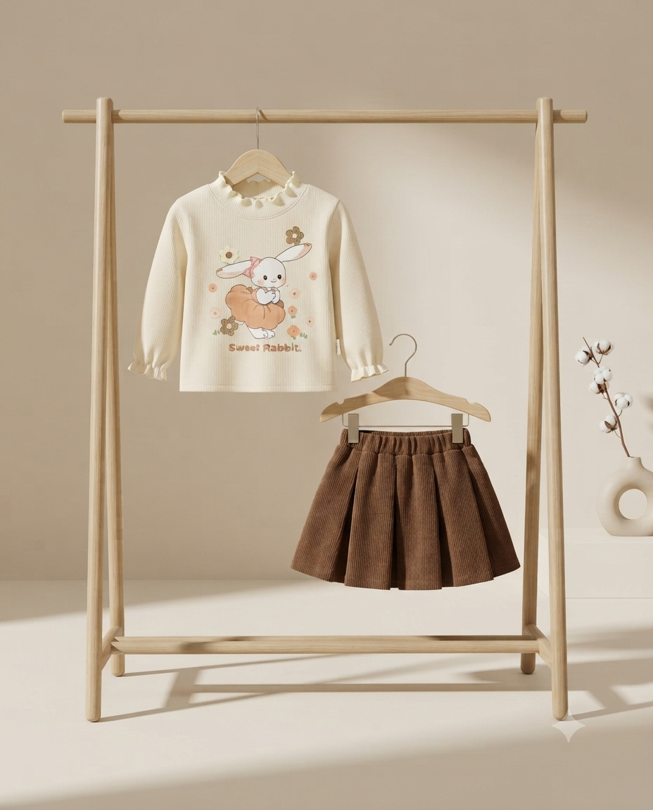 Cute Baby Girls Sweet Rabbit Print Top And Pleated Skirt Outfit Set