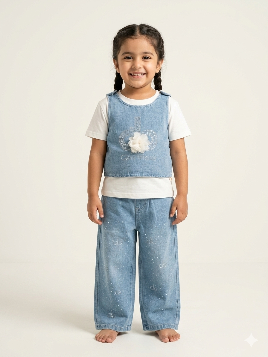 Girls' Modern Monochrome Three-Piece Set with Wavy Print Shirt and Wide-Leg Pants