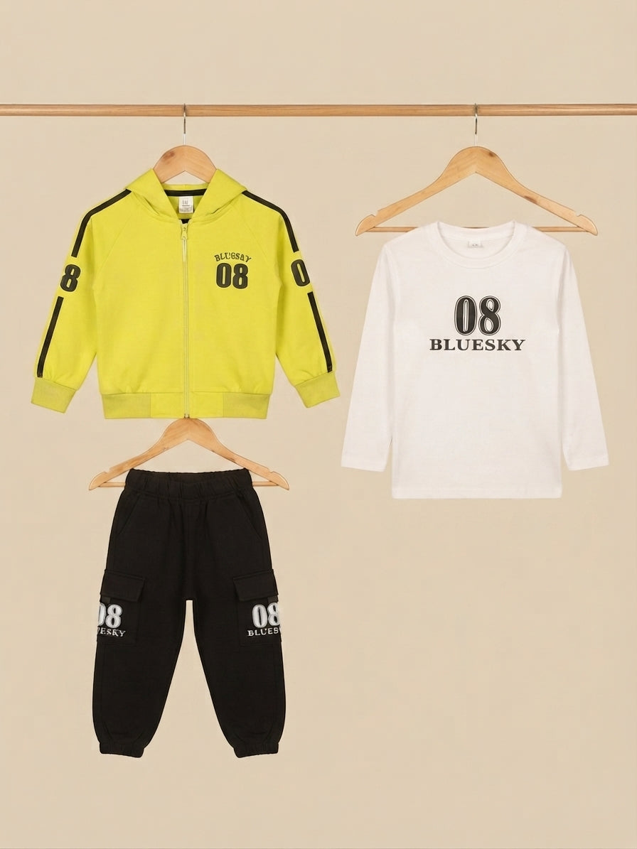 Kids stylish 3 piece tracksuit set with hoodie, matching inner t shirt, and joggers.
