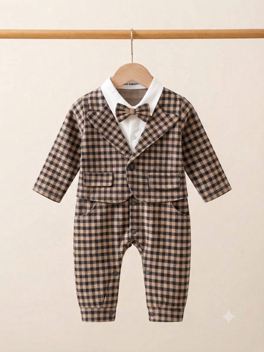 Elegant Gentleman Baby Boy Romper with Attached Waistcoat, White Shirt, and Cute Bowtie