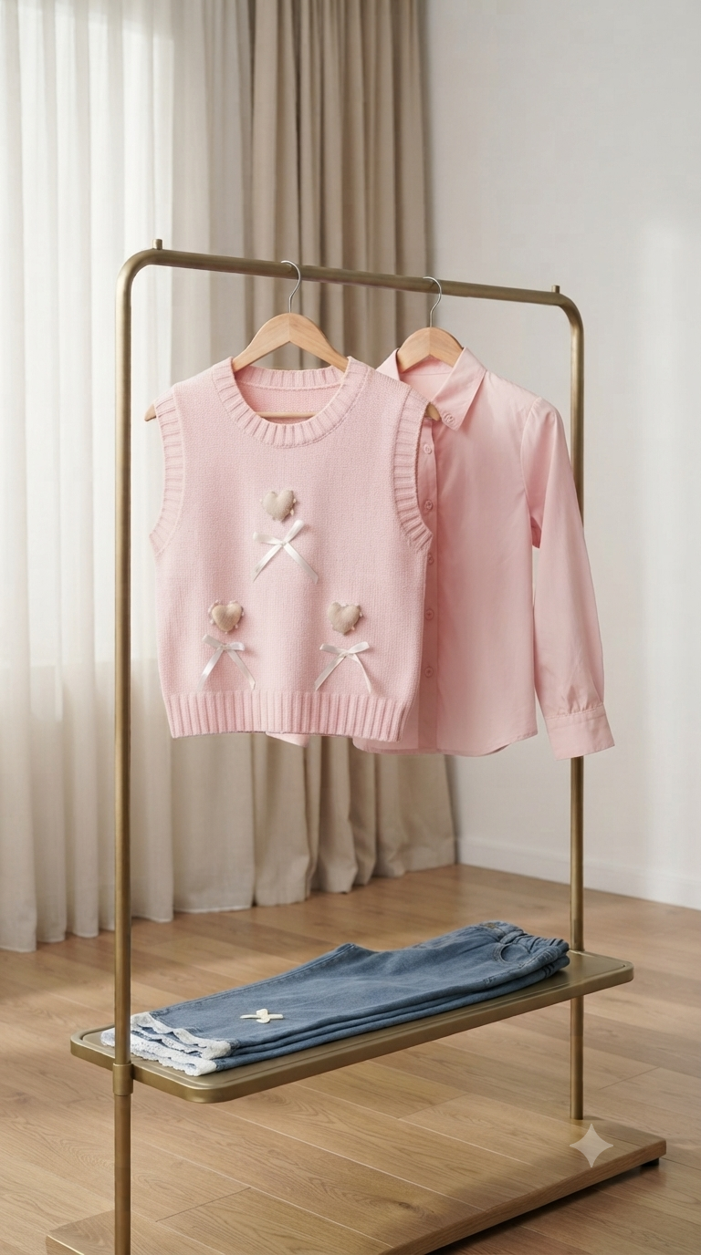 Charming Kids Knitted Vest And Matching Shirt With Denim Pants For Stylish Wear