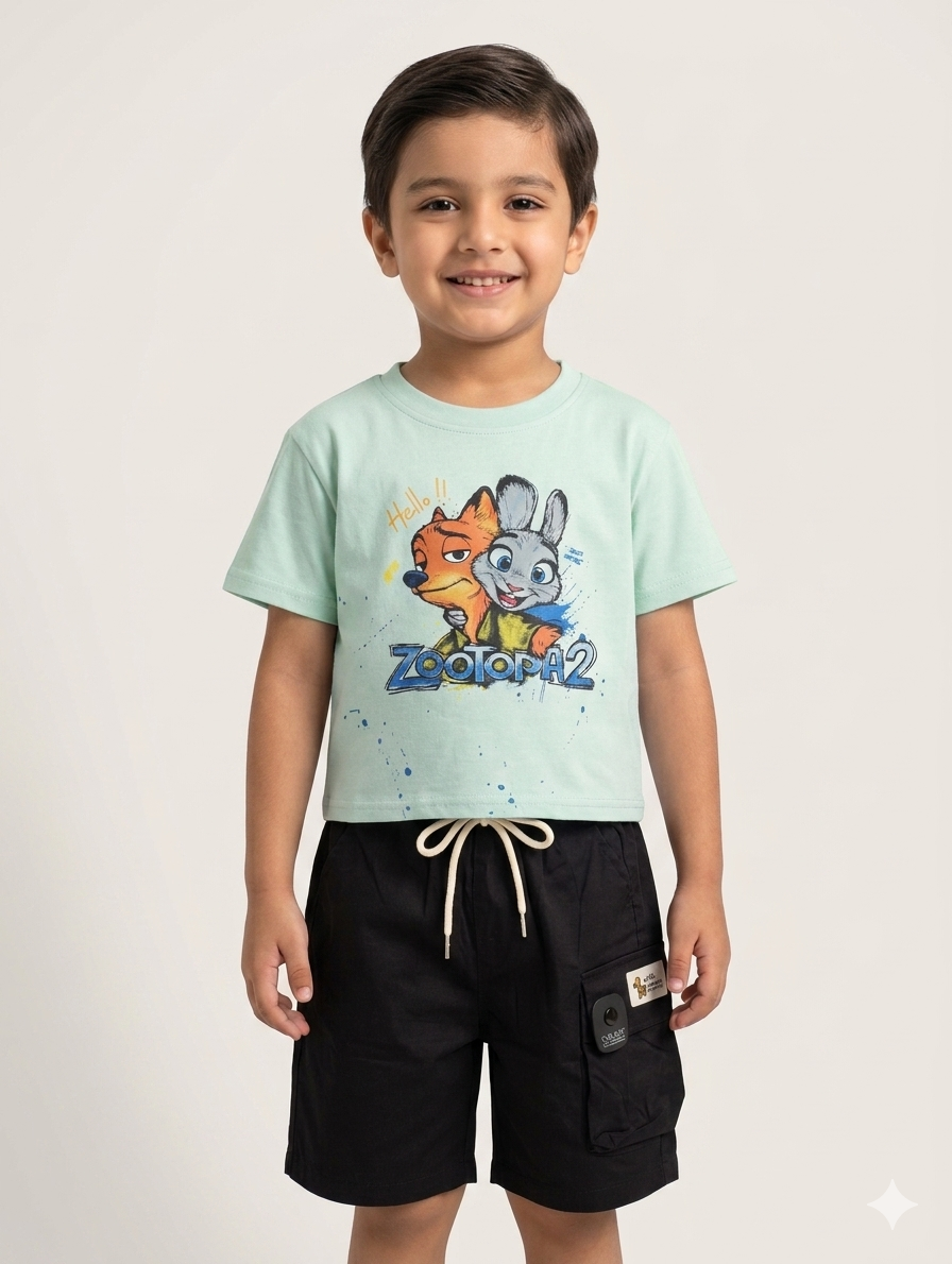 Disney Zootopia 2 Character Print Kids T-Shirt and Cargo Shorts Two-Piece Summer Set