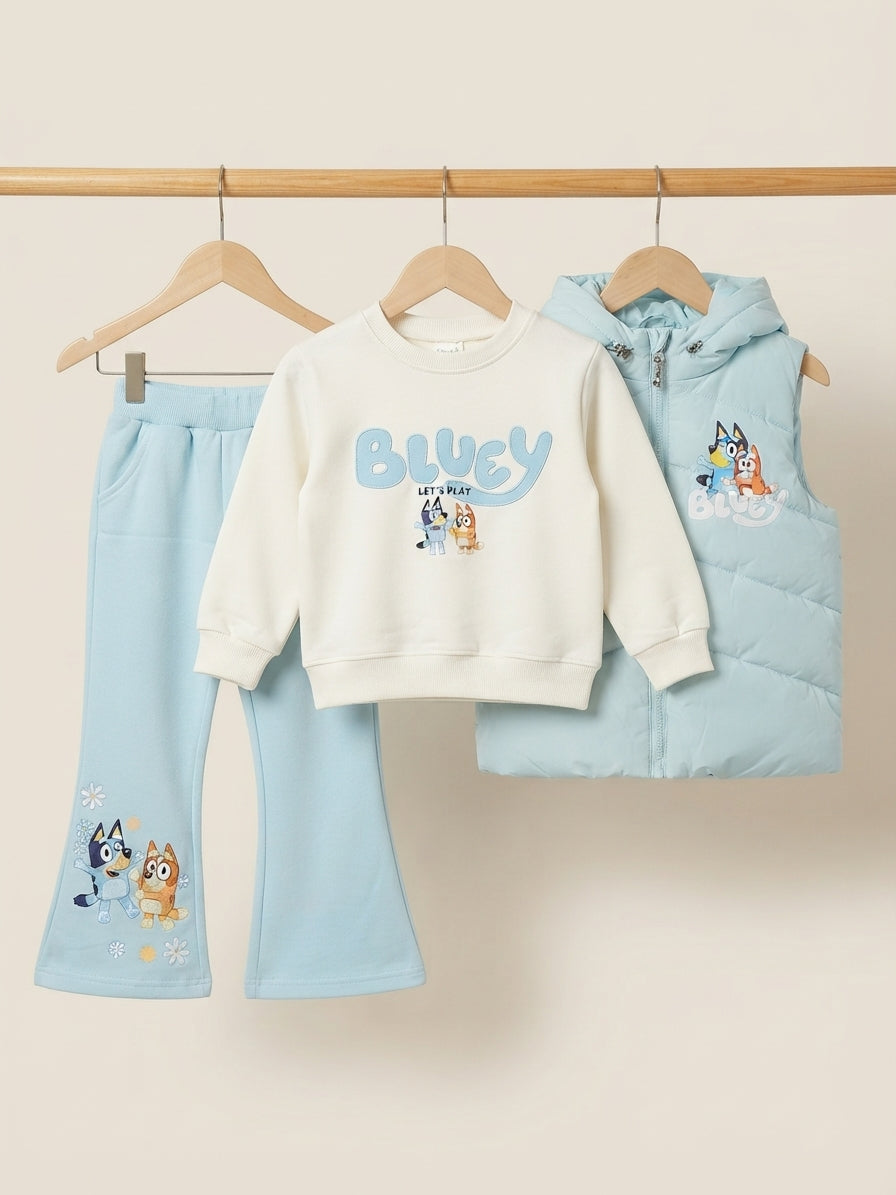 Kids Bluey Character Printed Sweatshirt Hooded Vest And Trouser 3 Piece Outfit Set