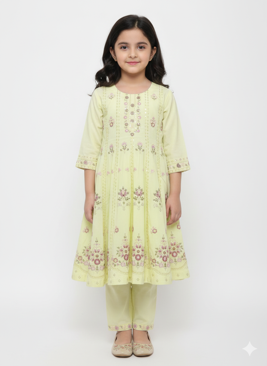 Elegant Girls' Embroidered Floral Anarkali Suit Set – Stylish Ethnic Wear in Pink and Lime