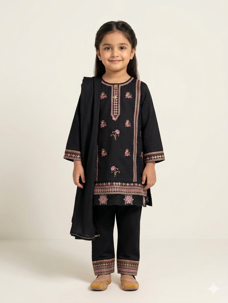 Girls Embroidered 3-Piece Festive Suit – Traditional Kurta, Trouser, and Dupatta Set