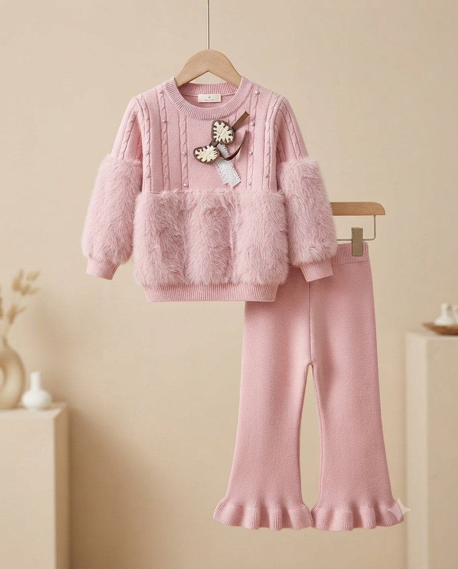 Stylish Winter Knitted Two-Piece Set With Faux Fur Accents And Ruffle Pants