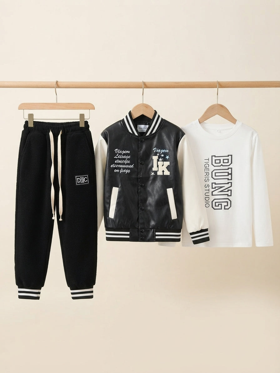Kids Varsity Leather Jacket Graphic Sweatshirt And Trouser 3 Piece Outfit Set