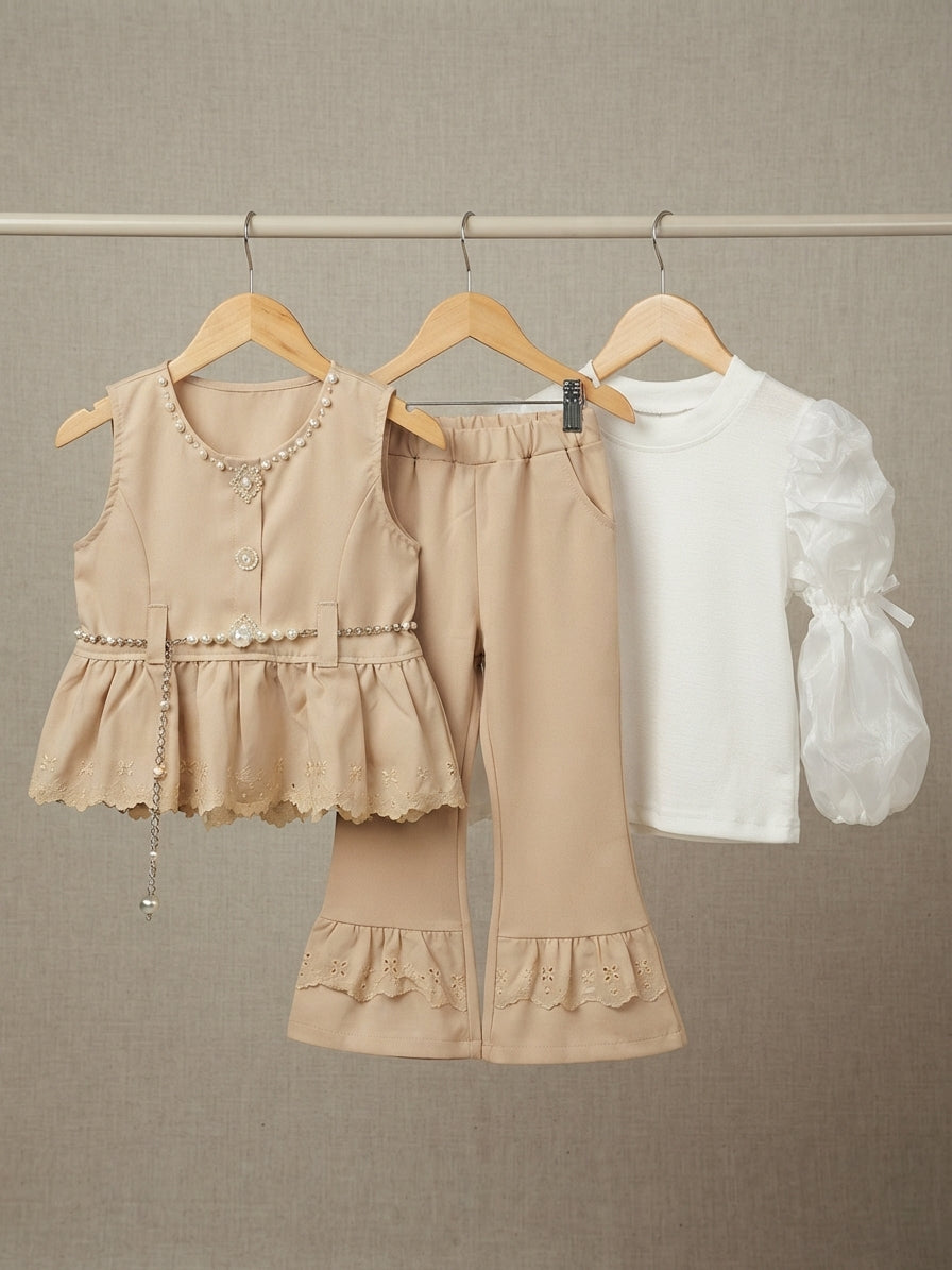 Stylish Kids Three Piece Outfit Set With Peplum Top And Bell Bottom Trousers