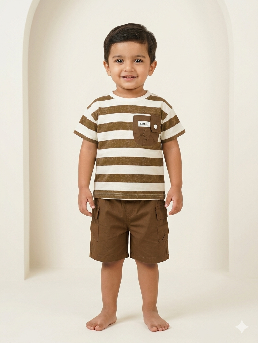 Boy's Striped Cotton T-Shirt and Cargo Shorts Two-Piece Set in Earthy Summer Tones