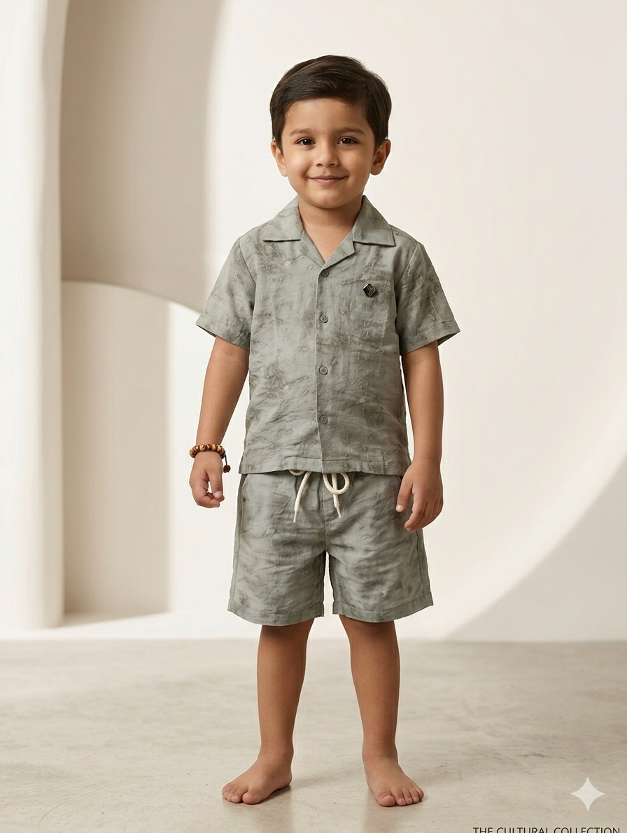 Premium Toddler Boys Linen Cotton Short Sleeve Button Down Shirt and Matching Shorts Set