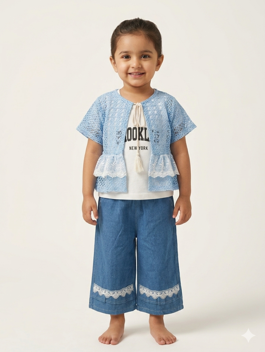 Girls Trendy Three Piece Outfit Set Featuring Lace Shrug Graphic Tee and Wide Leg Denim
