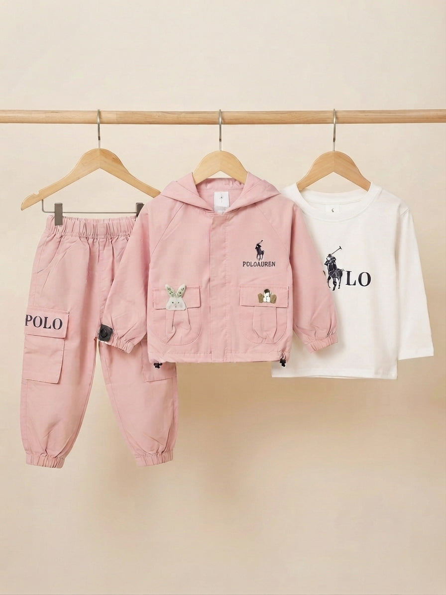 Kids stylish three piece winter outfit set featuring jacket shirt and cargo trousers