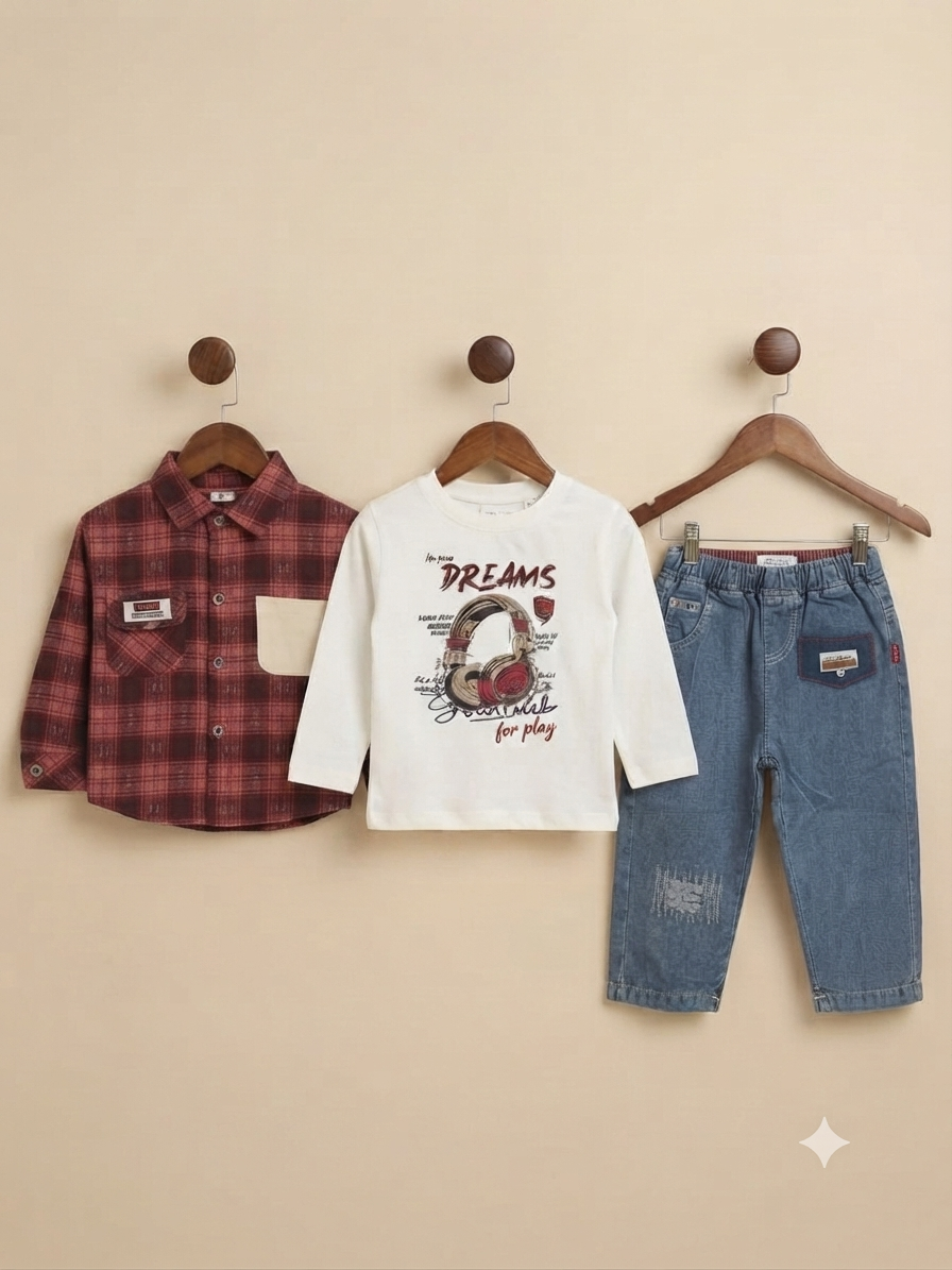 Stylish Boys Cotton Plaid Shirt Inner T-Shirt And Denim Trouser 3-Piece Outfit Set