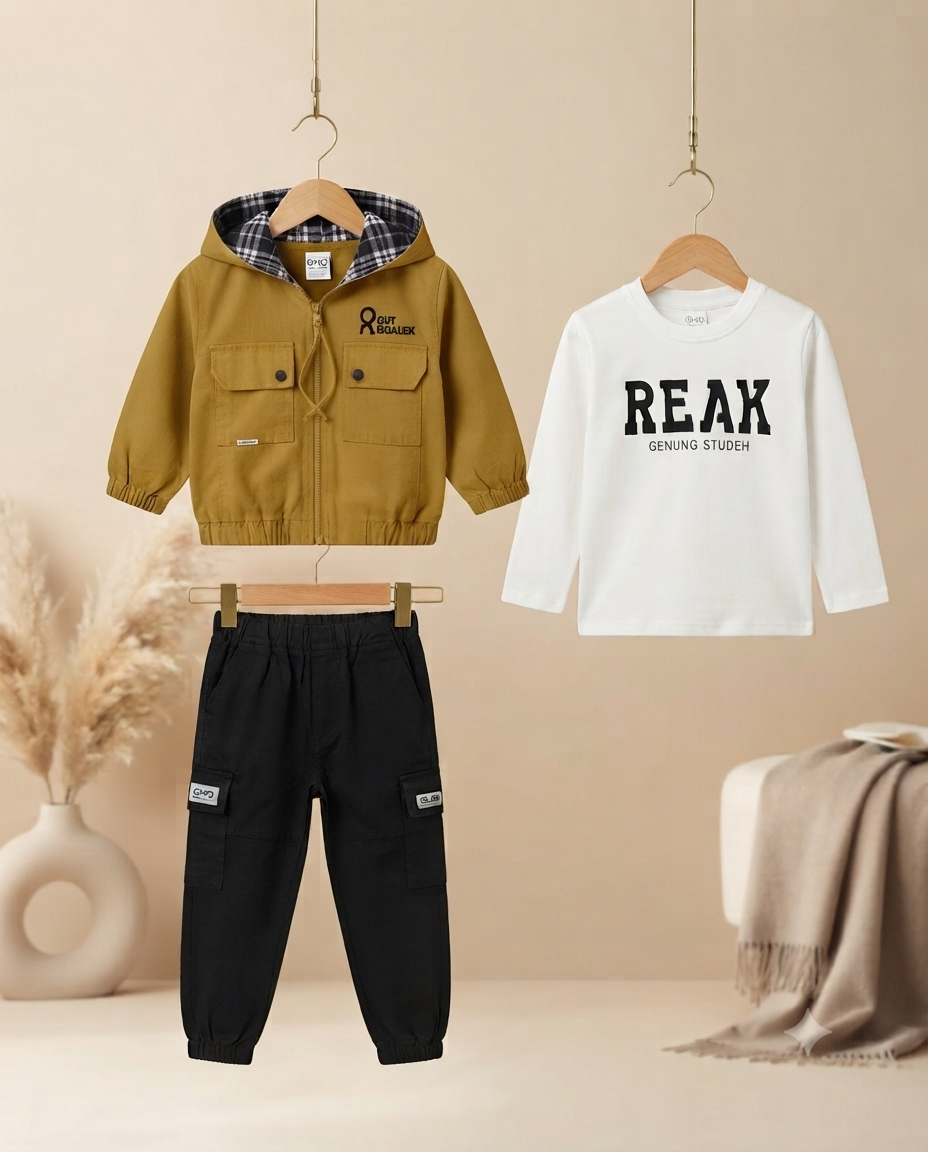 Trendy Boys Hooded Jacket T-shirt and Cargo Pant Set for Comfortable Daily Wear