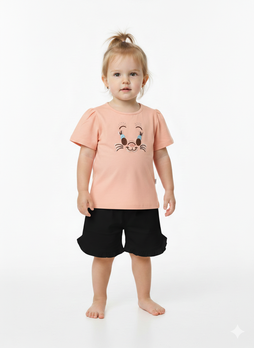 Toddler Girls' Two-Piece Summer Set with Graphic Character Tee and Ruffle-Trimmed Fashion Shorts