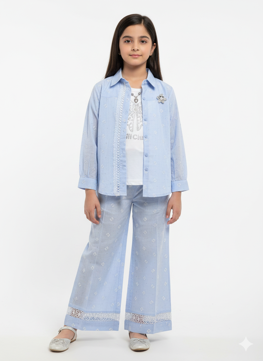 Girls' Chic Pink Geometric Print Three-Piece Co-ord Set with Embroidered Shirt and Wide-Leg Trousers