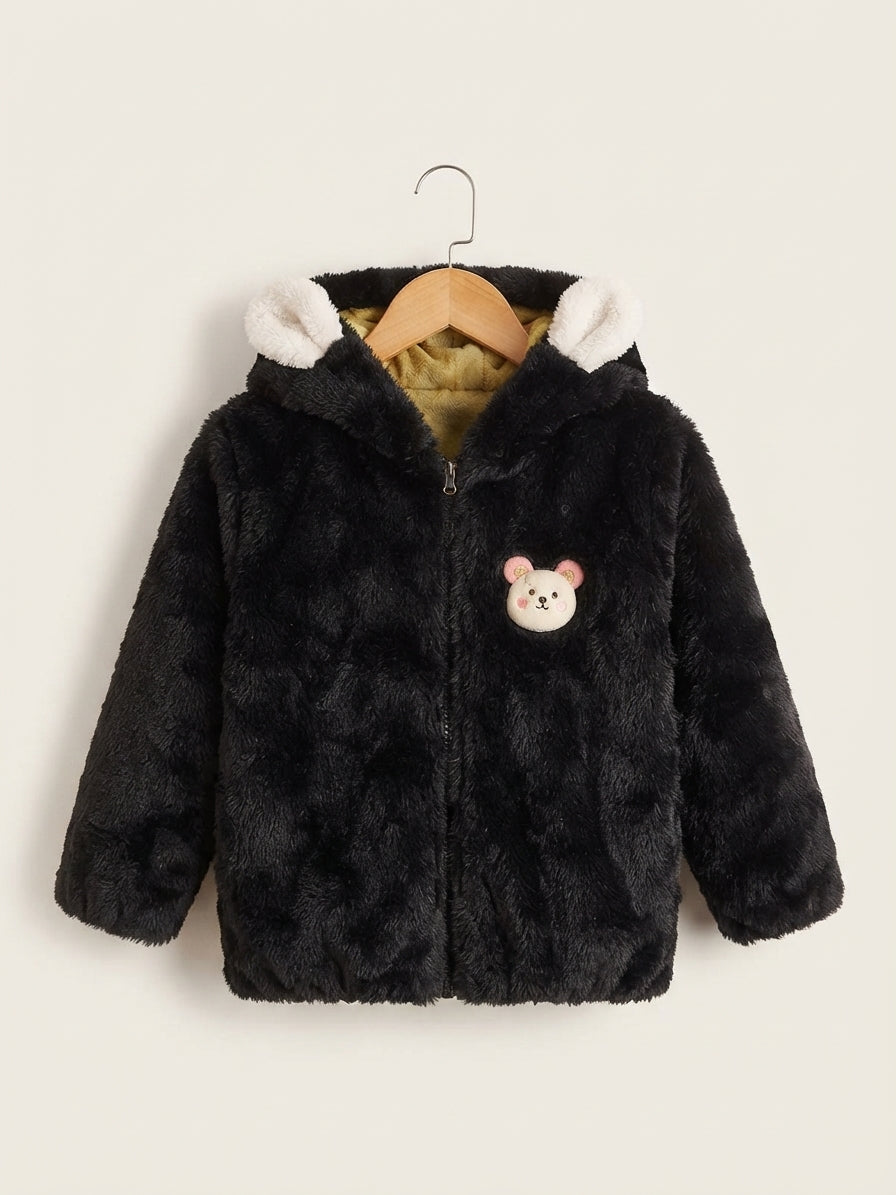 Kids Cute Bear Ear Hooded Faux Fur Zip Up Jacket Winter Warm Coat