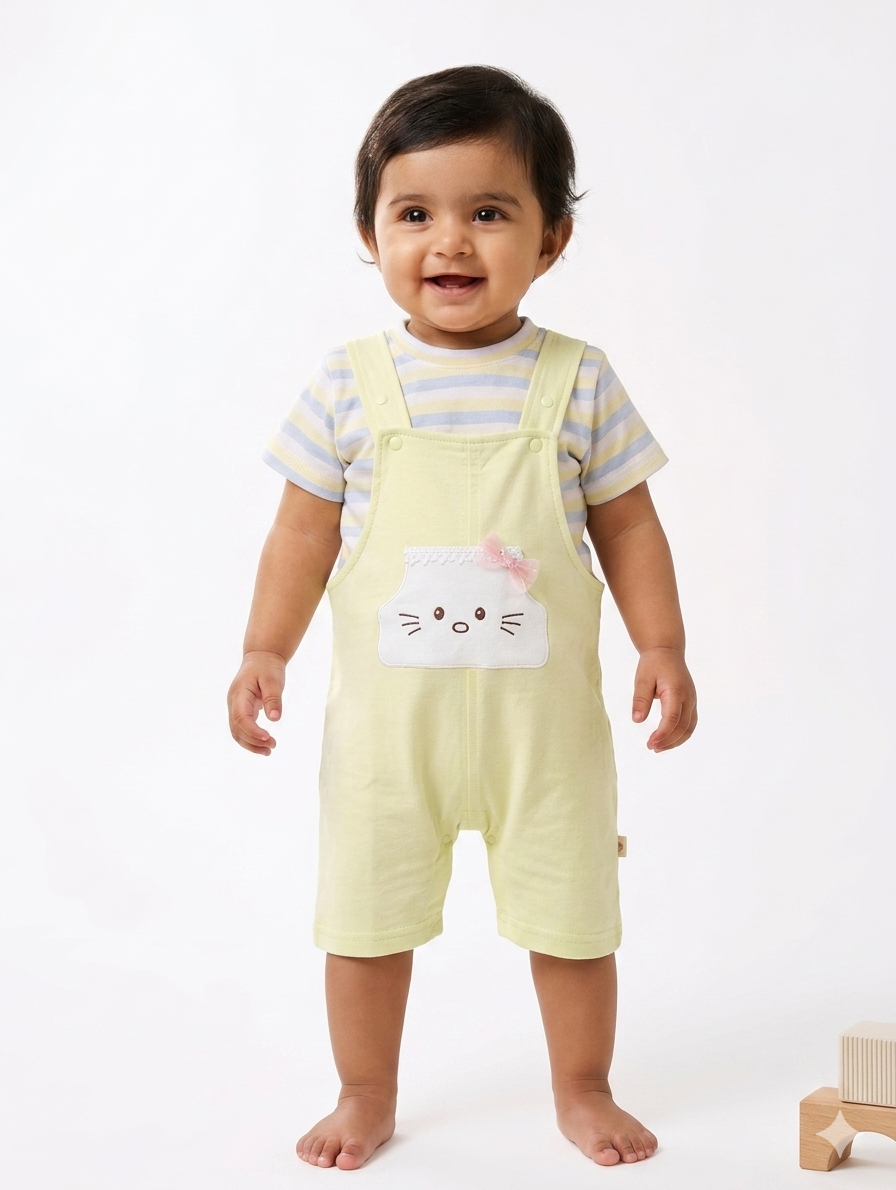 Charming Pastel Baby Overalls Set with Striped Tee and Whimsical Kitten Pocket Design Detail