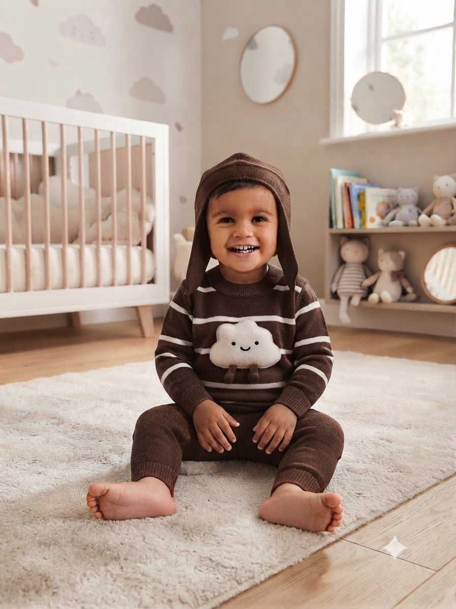 Kids Cute Striped Cloud Knit Sweater With Matching Bunny Ear Hat And Full Length Trouser Set