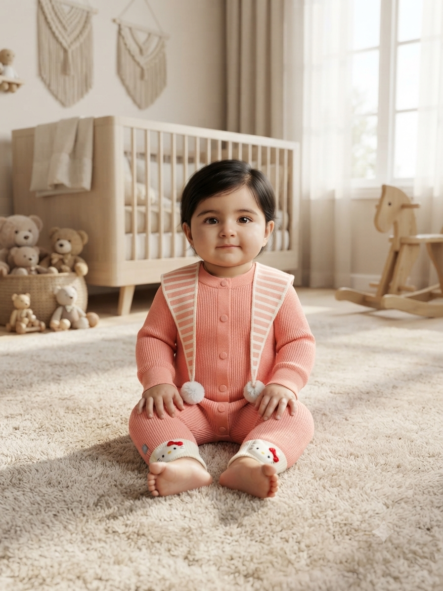 Chic Striped Collar Knitted Baby Romper With Pom Pom And Cute Cartoon Booties