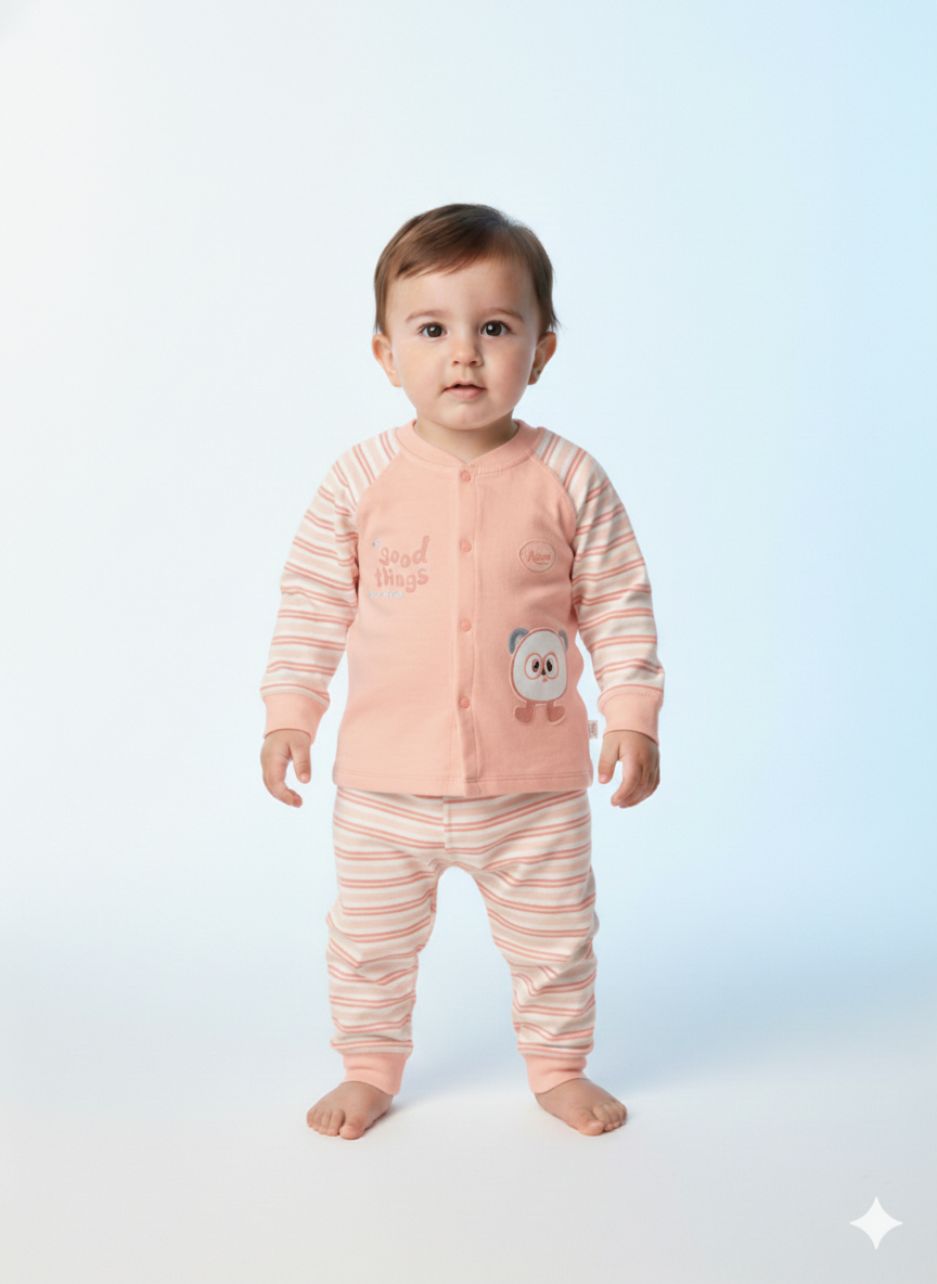 Baby Boys Two Piece Summer Set Light Blue Striped Panda Top And Matching Pants