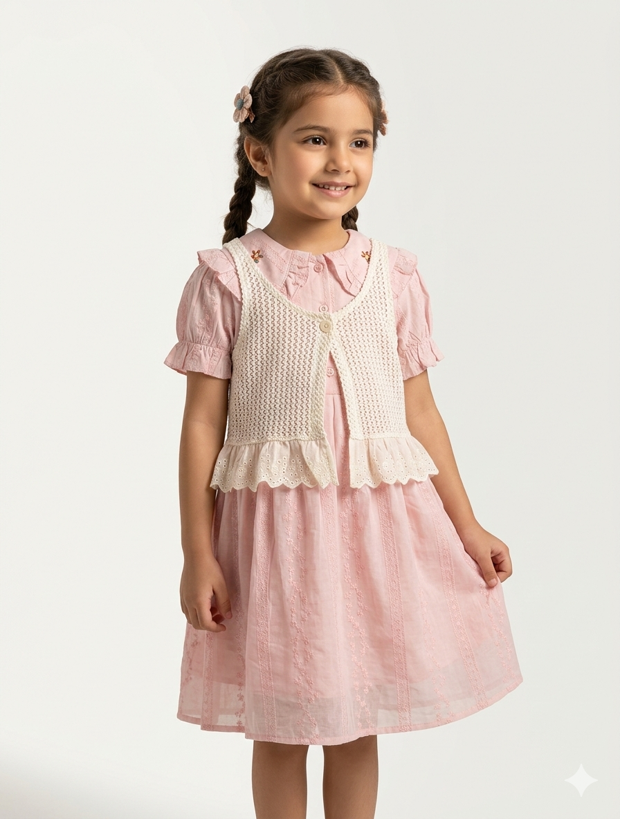 Little Girls Floral Embroidered Puff Sleeve Dress with Ruffled Pointelle Knit Waistcoat Vest Set